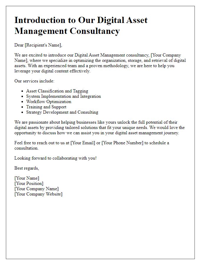 Letter template of digital asset management consultancy introduction