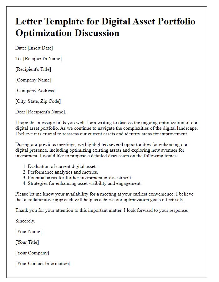 Letter template of digital asset portfolio optimization discussion