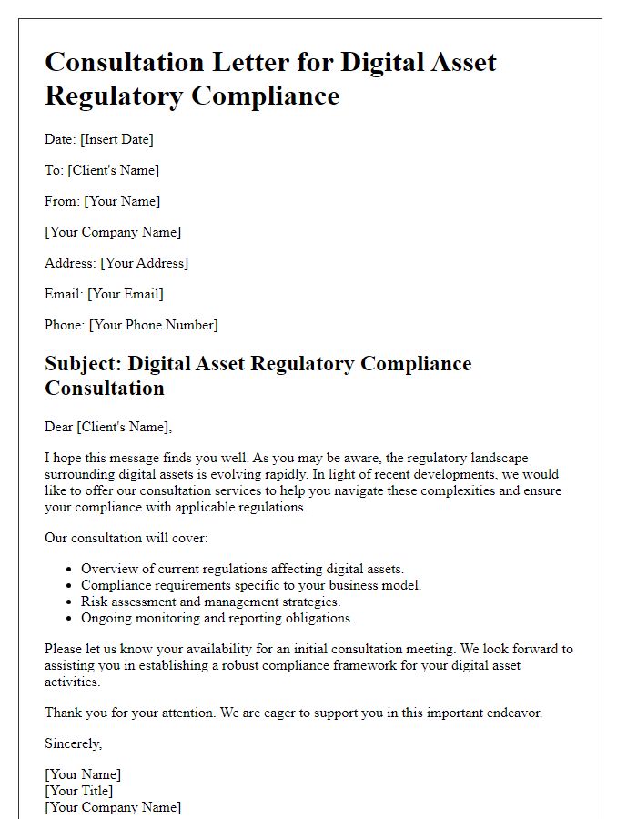 Letter template of digital asset regulatory compliance consultation