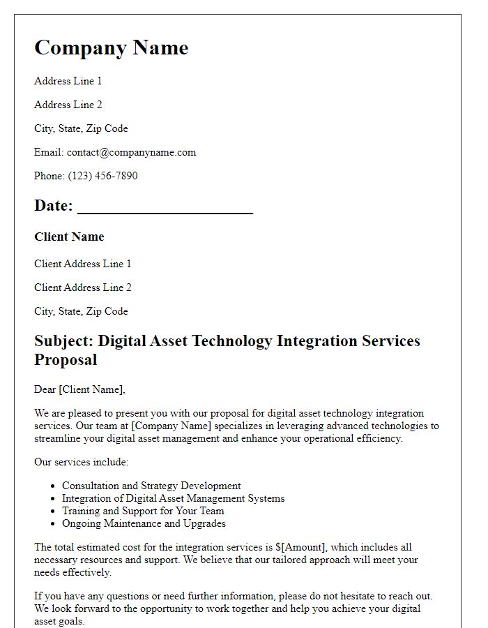 Letter template of digital asset technology integration services