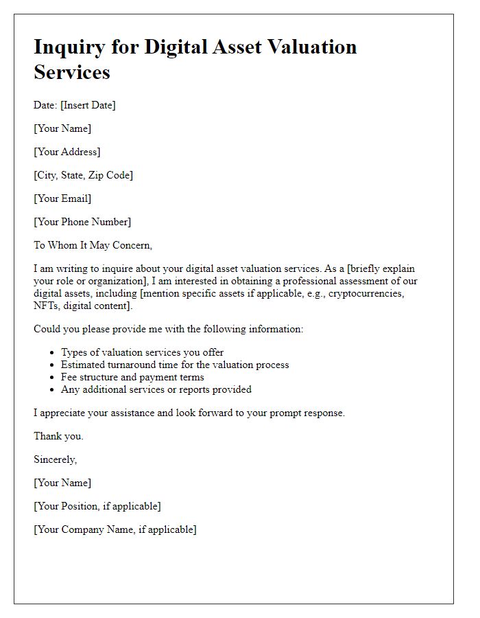 Letter template of digital asset valuation service inquiry