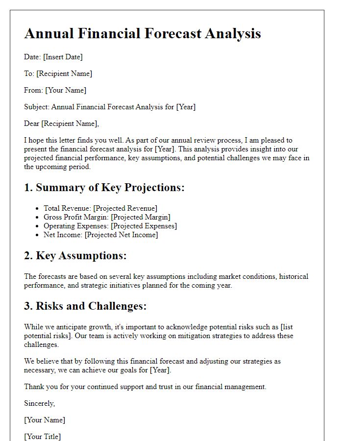 Letter template of financial forecast analysis for annual reviews