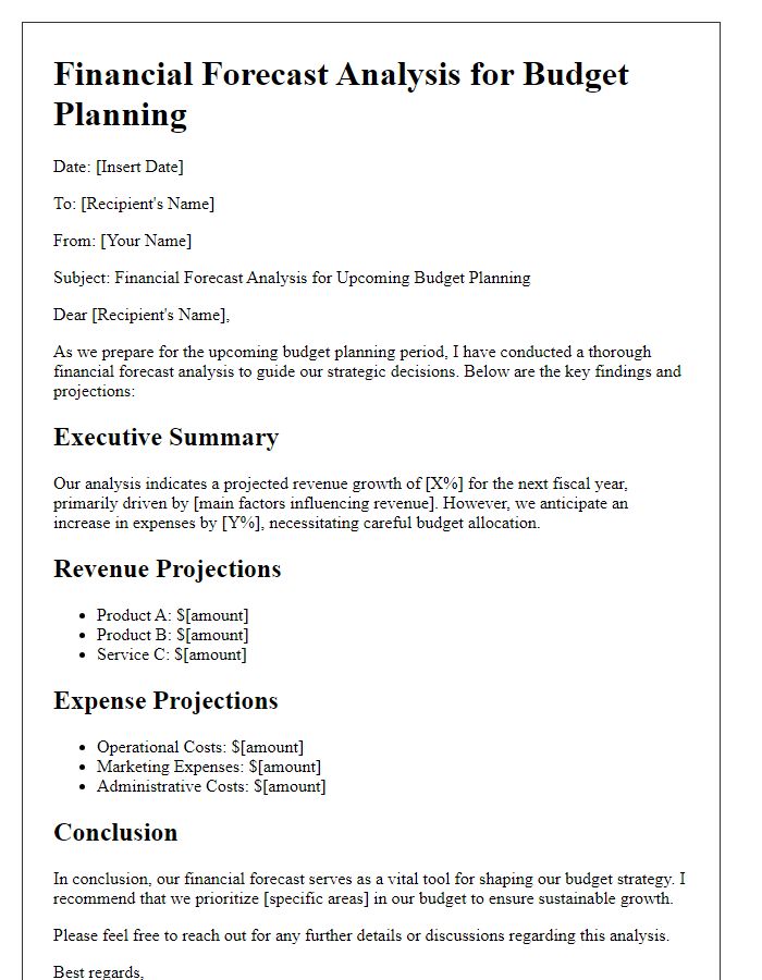 Letter template of financial forecast analysis for budget planning