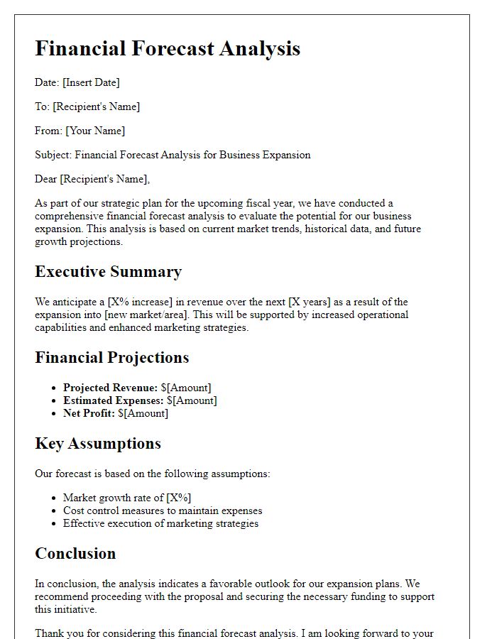 Letter template of financial forecast analysis for business expansion