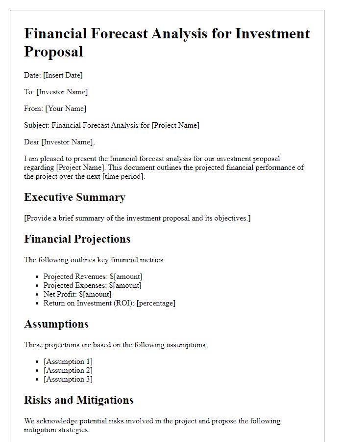 Letter template of financial forecast analysis for investment proposals