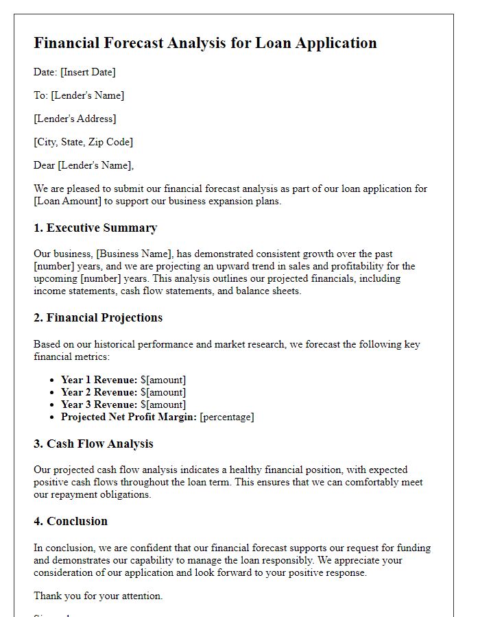 Letter template of financial forecast analysis for loan applications