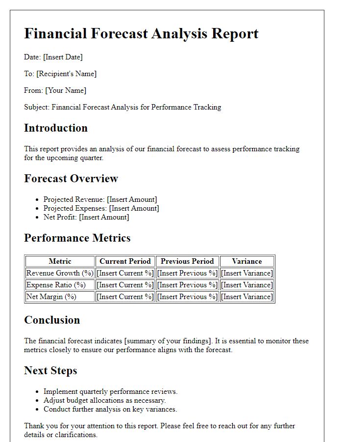 Letter template of financial forecast analysis for performance tracking