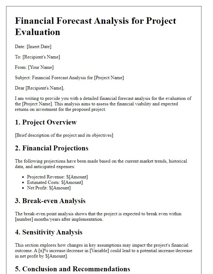 Letter template of financial forecast analysis for project evaluation