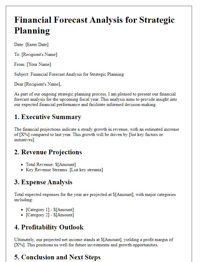 Letter template of financial forecast analysis for strategic planning