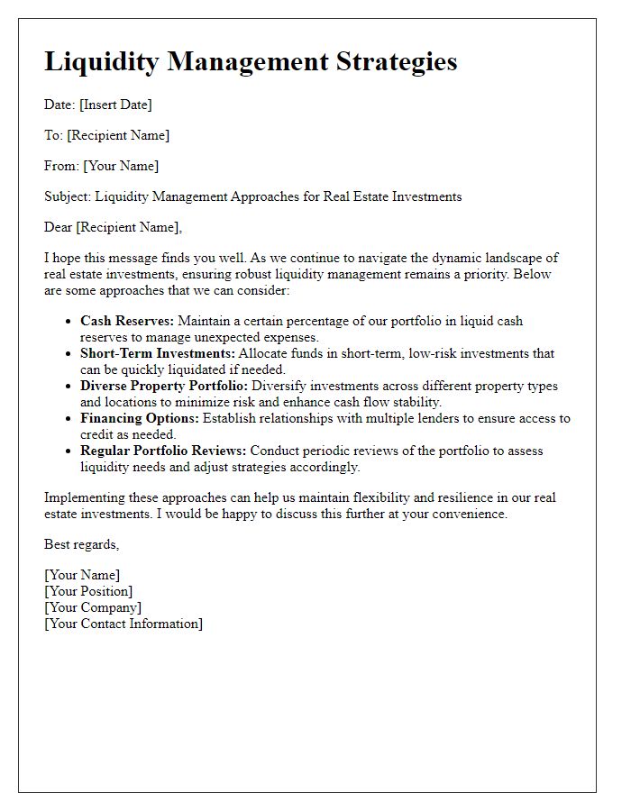 Letter template of liquidity management approaches for real estate investments