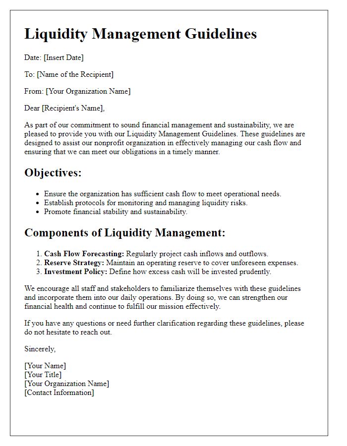 Letter template of liquidity management guidelines for nonprofit organizations