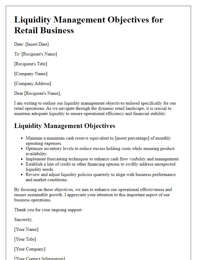 Letter template of liquidity management objectives for retail businesses