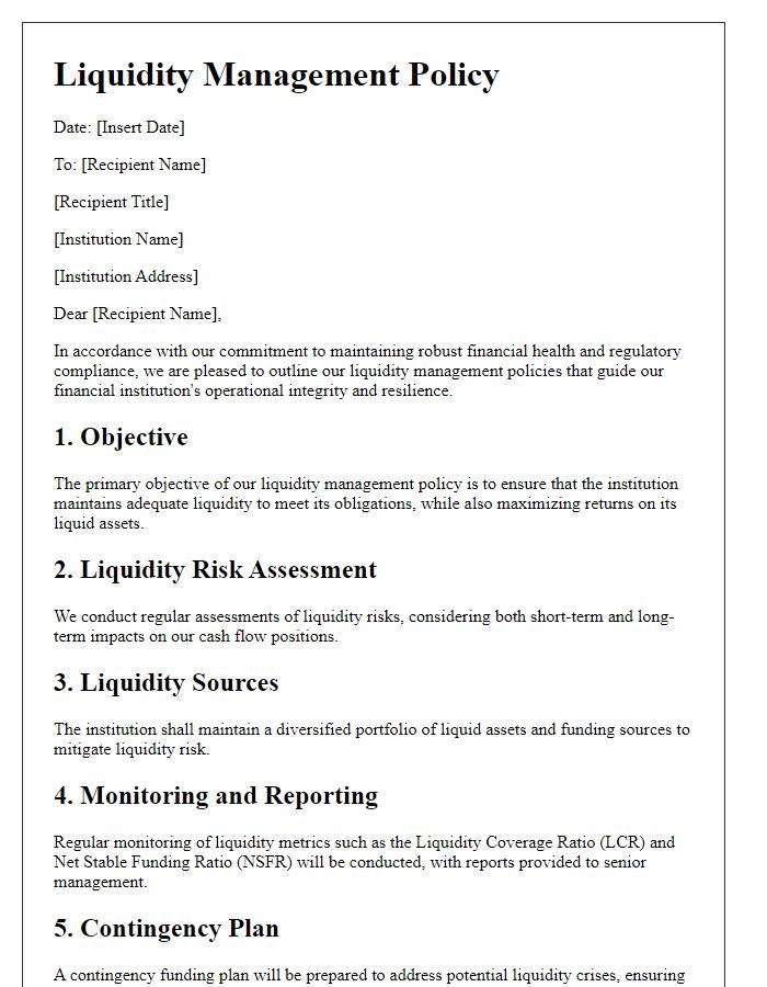 Letter template of liquidity management policies for financial institutions