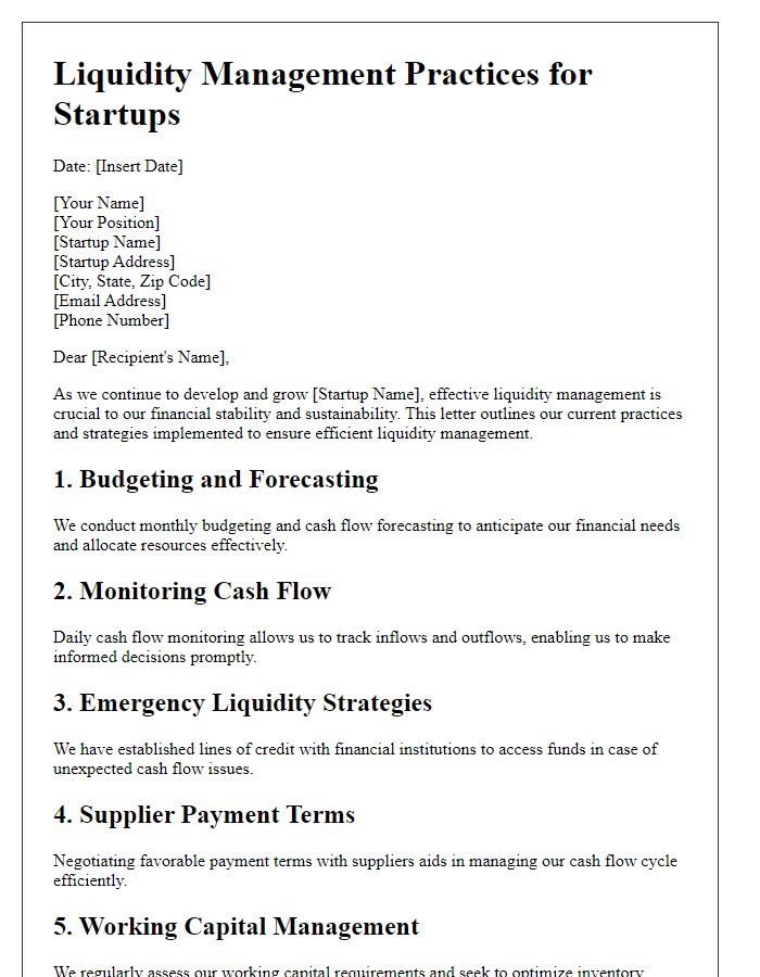 Letter template of liquidity management practices for startups