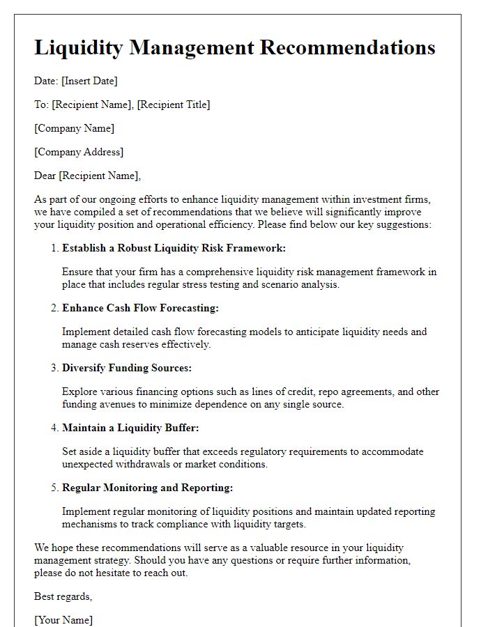 Letter template of liquidity management recommendations for investment firms