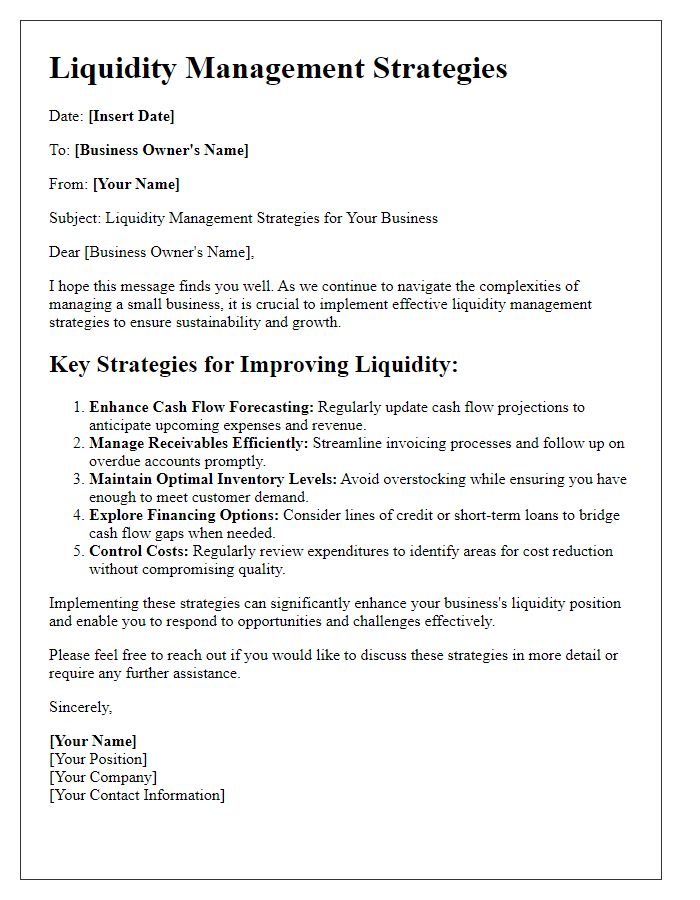 Letter template of liquidity management strategies for small businesses