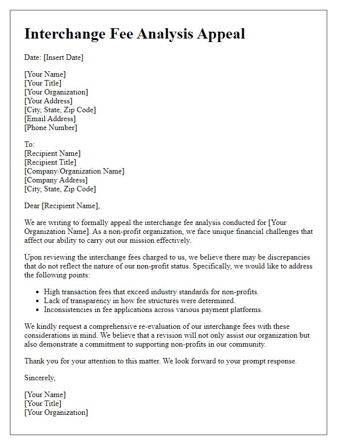 Letter template of interchange fee analysis appeal for non-profits