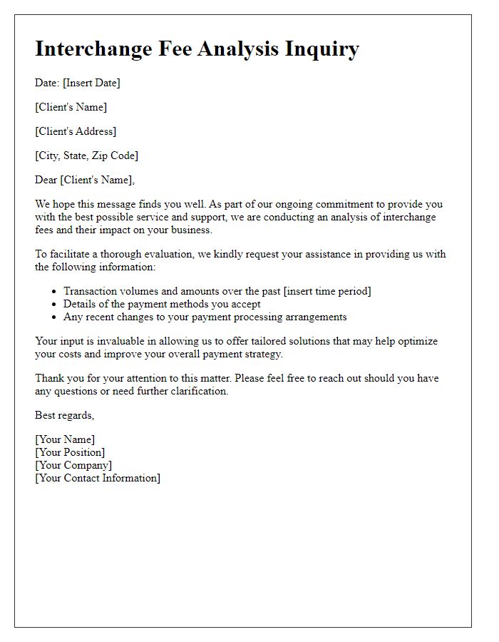 Letter template of interchange fee analysis inquiry for commercial clients