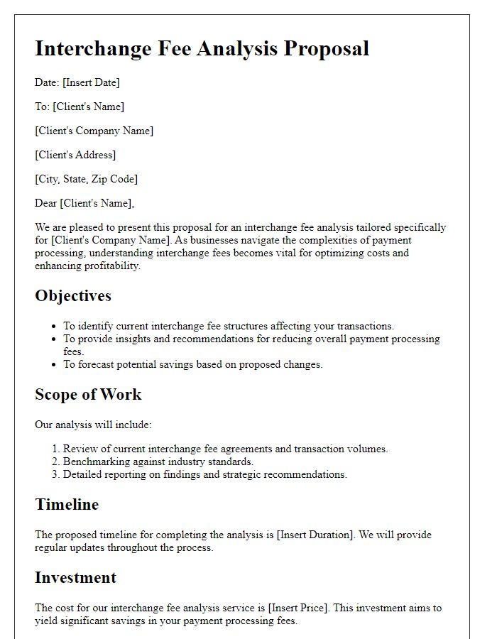 Letter template of interchange fee analysis proposal for corporate clients