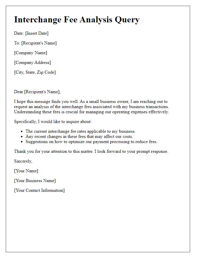 Letter template of interchange fee analysis query for small businesses