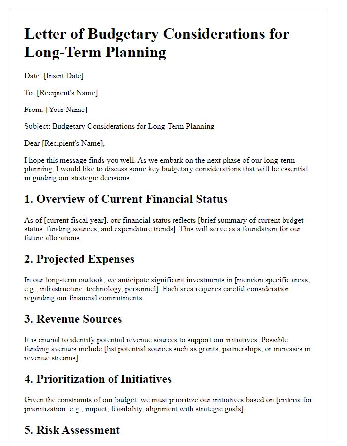 Letter template of budgetary considerations for long-term planning.