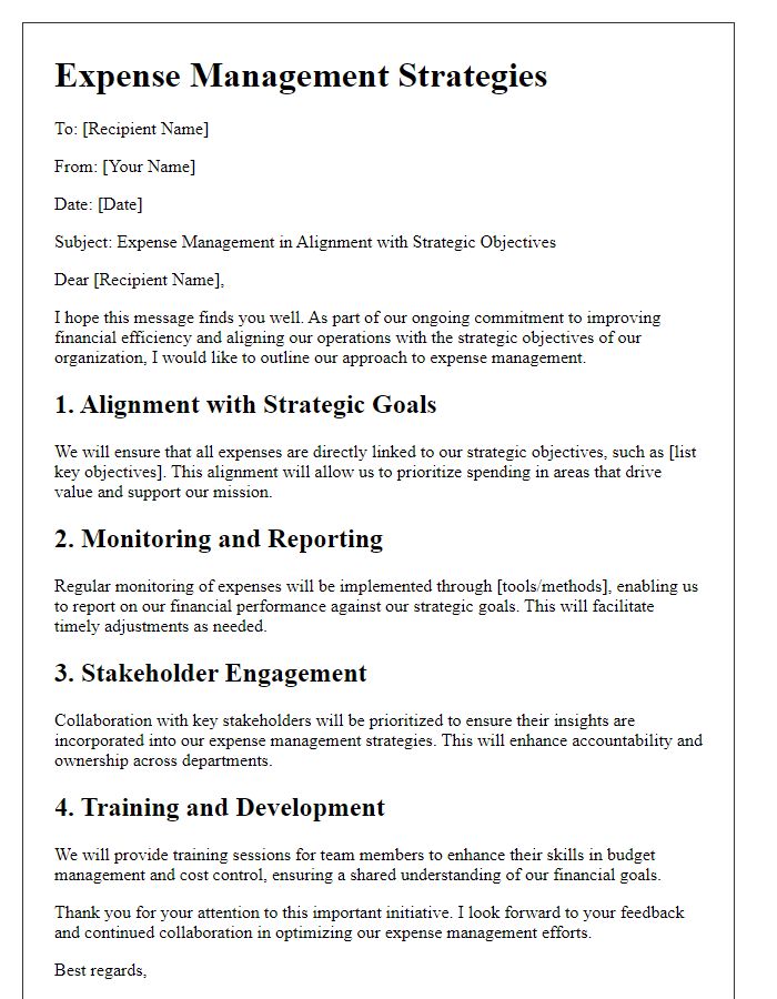 Letter template of expense management in strategic objectives.