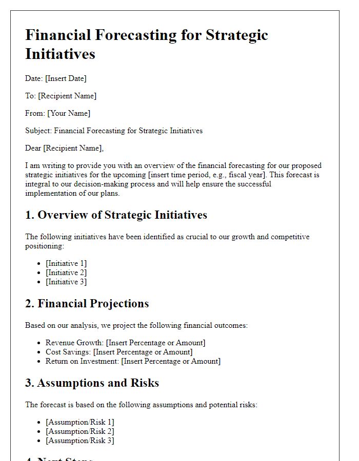 Letter template of financial forecasting for strategic initiatives.