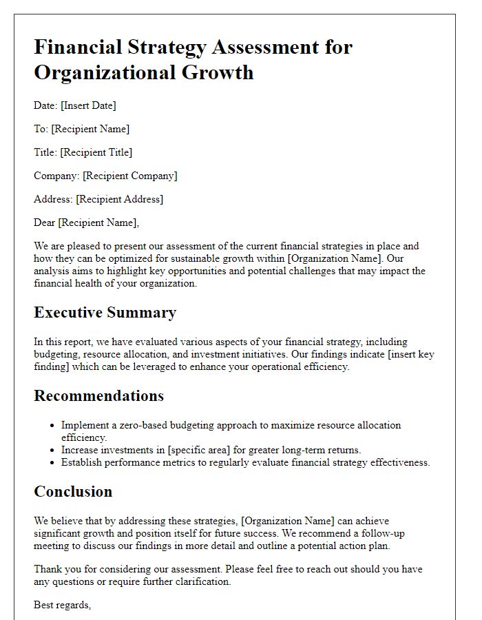 Letter template of financial strategy assessment for organizational growth.