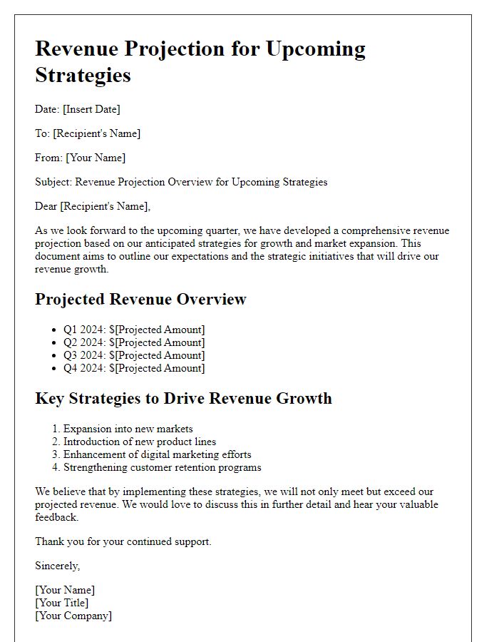 Letter template of revenue projection for upcoming strategies.