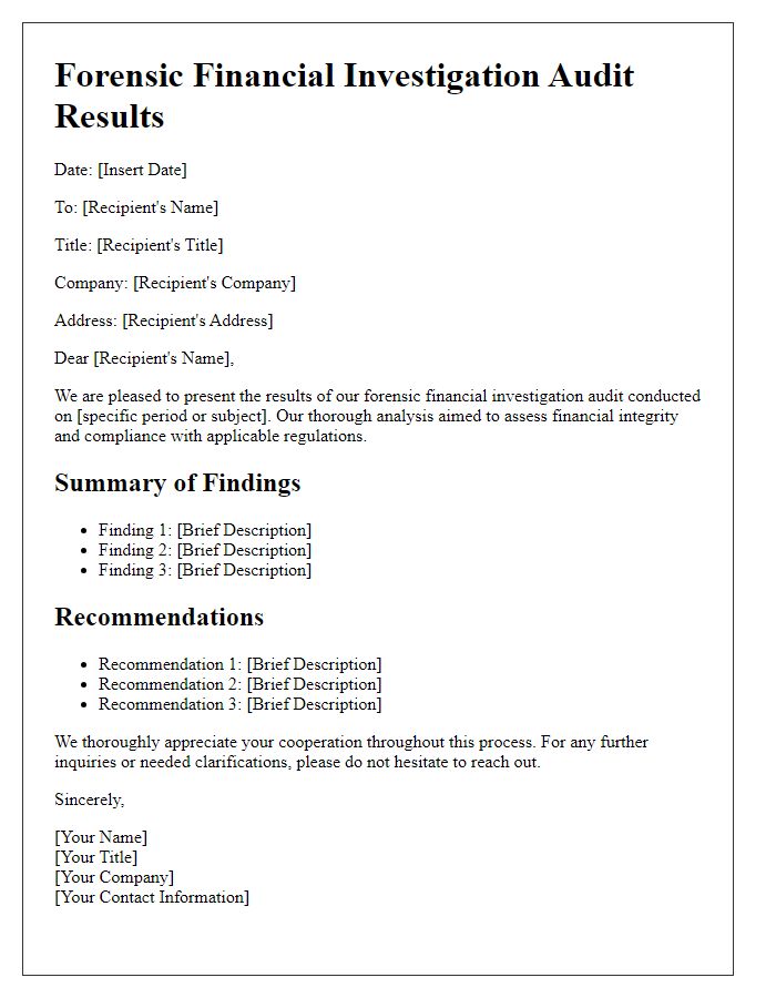 Letter template of forensic financial investigation audit results communication.