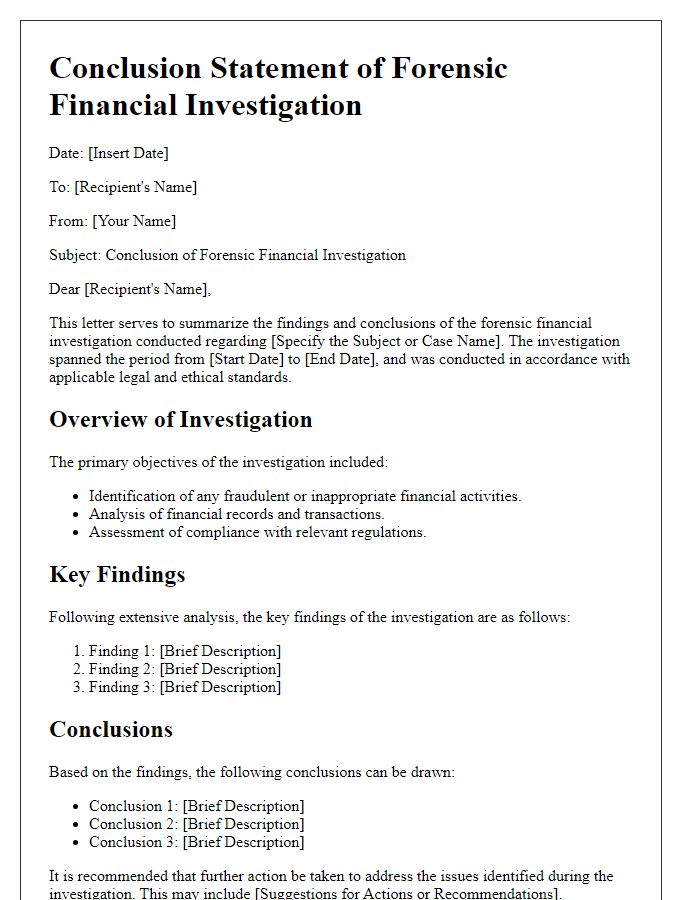 Letter template of forensic financial investigation conclusion statement.