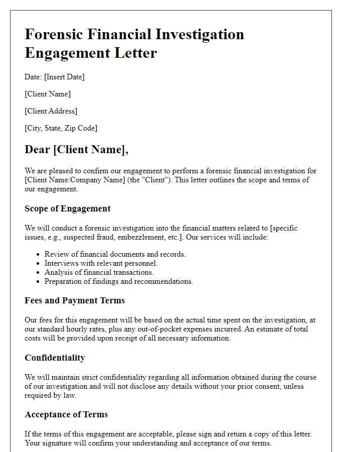 Letter template of forensic financial investigation engagement letter.