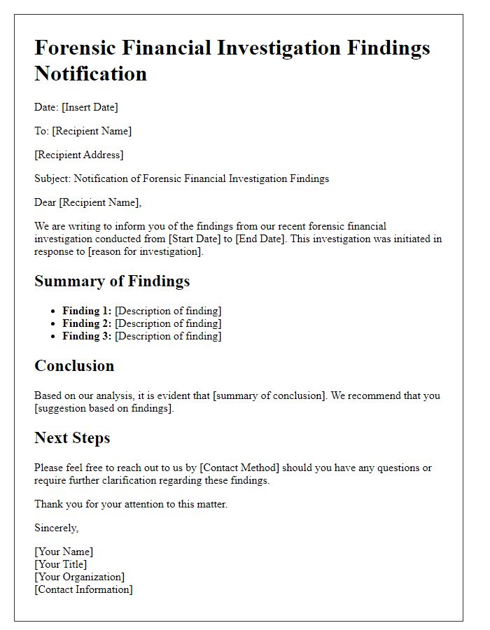 Letter template of forensic financial investigation findings notification.