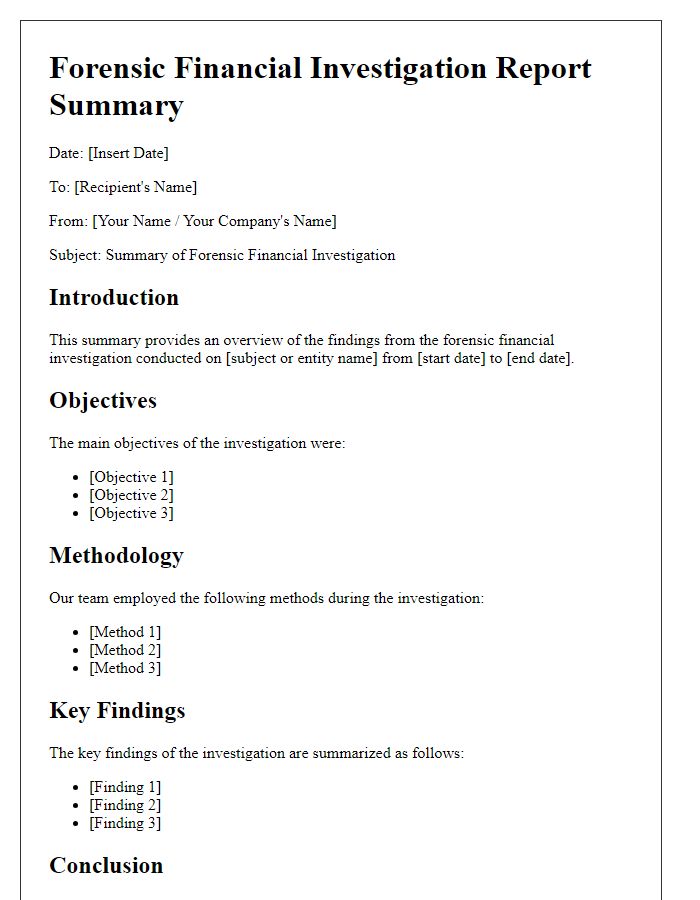 Letter template of forensic financial investigation report summary.