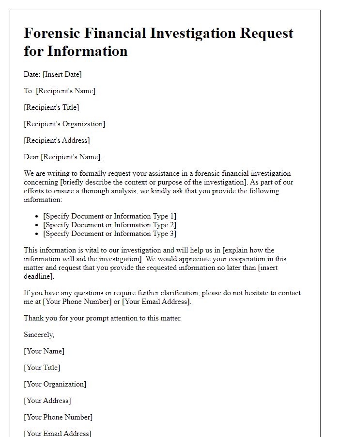 Letter template of forensic financial investigation request for information.