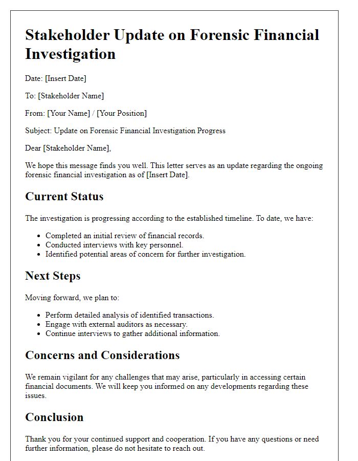 Letter template of forensic financial investigation stakeholder update.