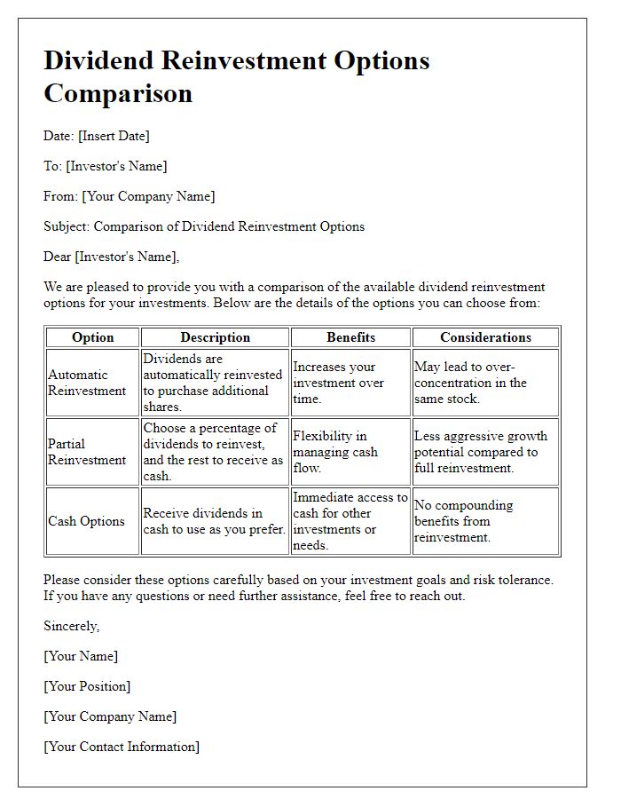 Letter template of dividend reinvestment options comparison