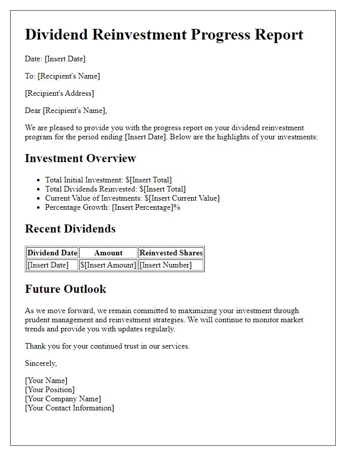 Letter template of dividend reinvestment progress report