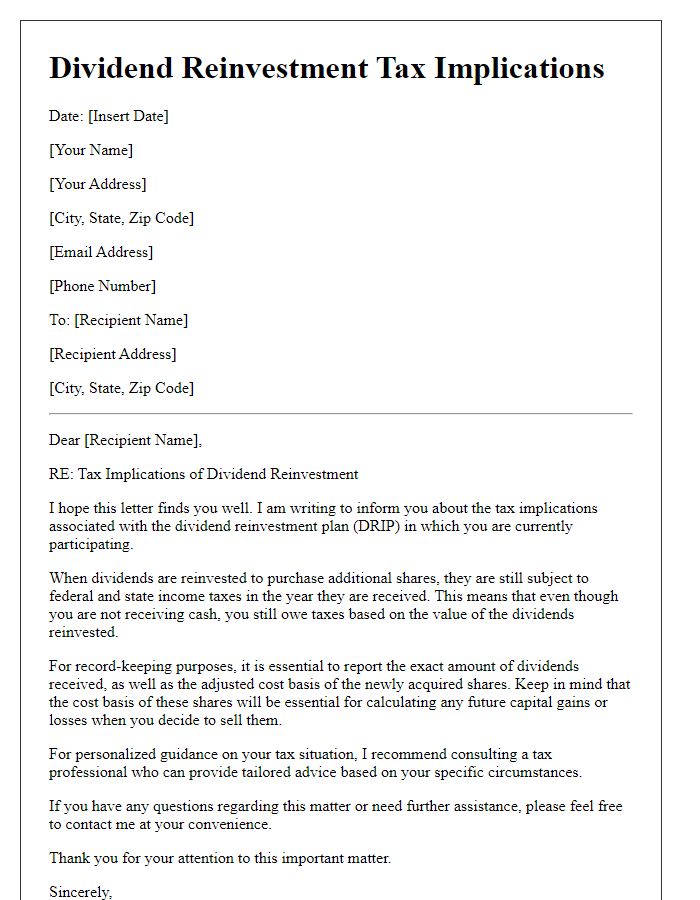 Letter template of dividend reinvestment tax implications