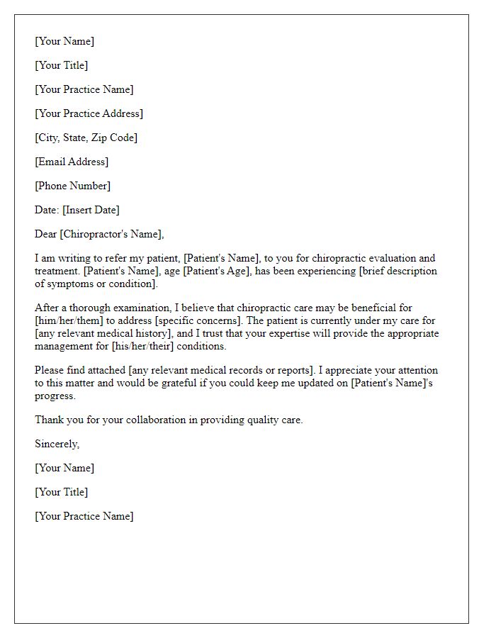 Letter template of referral request for chiropractic services for patients.