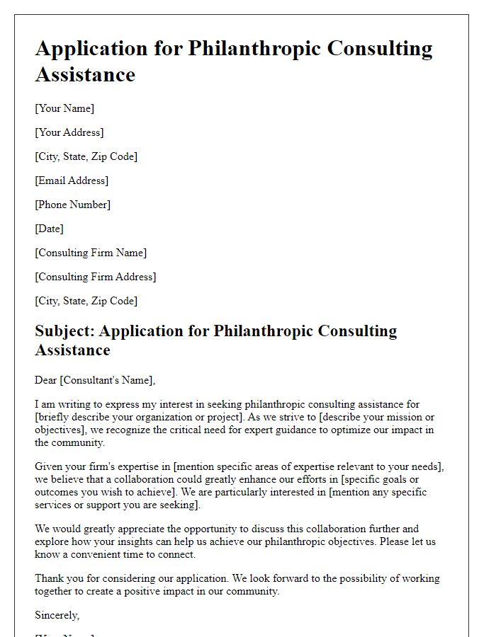 Letter template of application for philanthropic consulting assistance