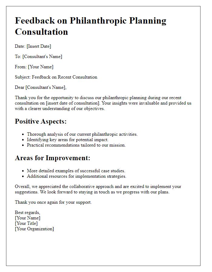 Letter template of feedback for philanthropic planning consultation