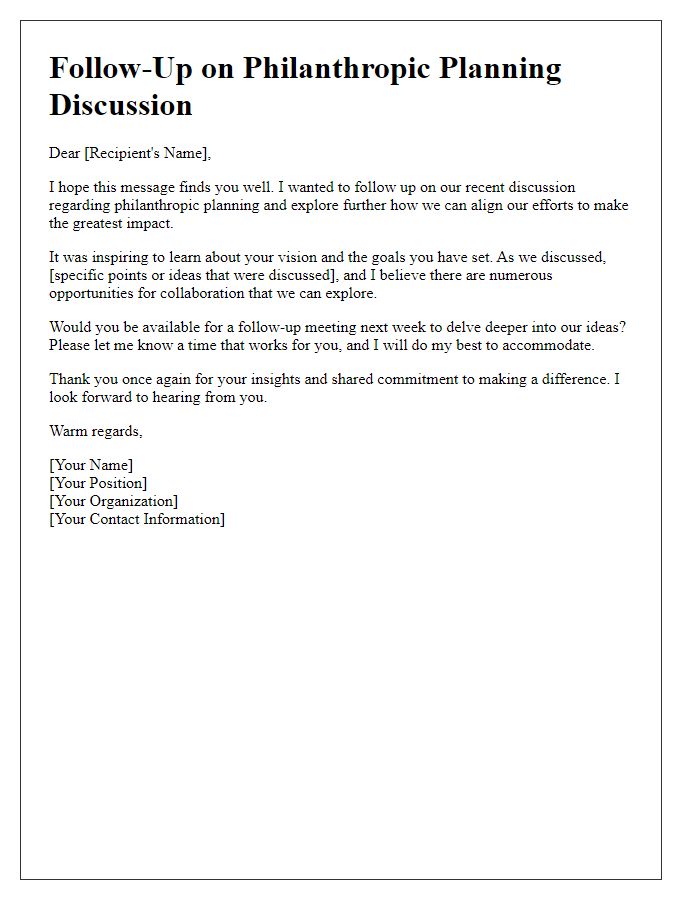 Letter template of follow-up for philanthropic planning discussion