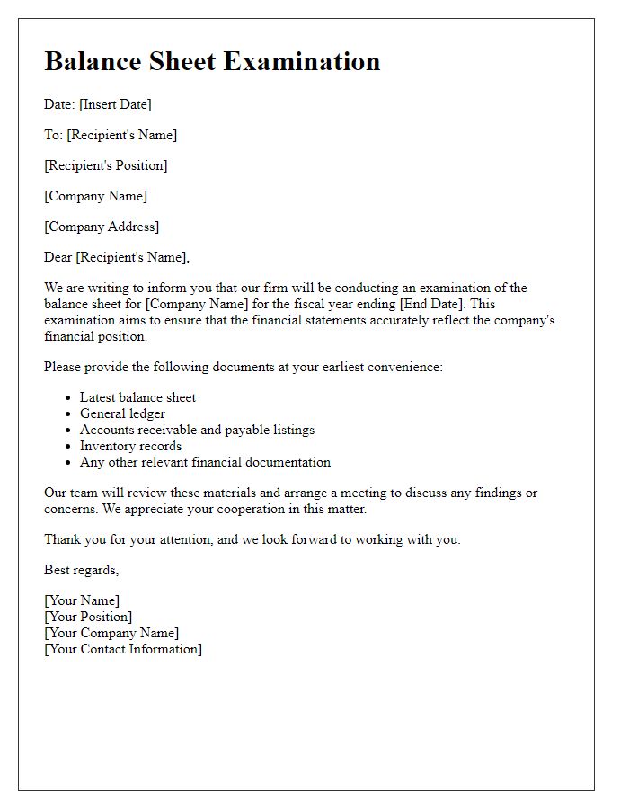 Letter template of balance sheet examination