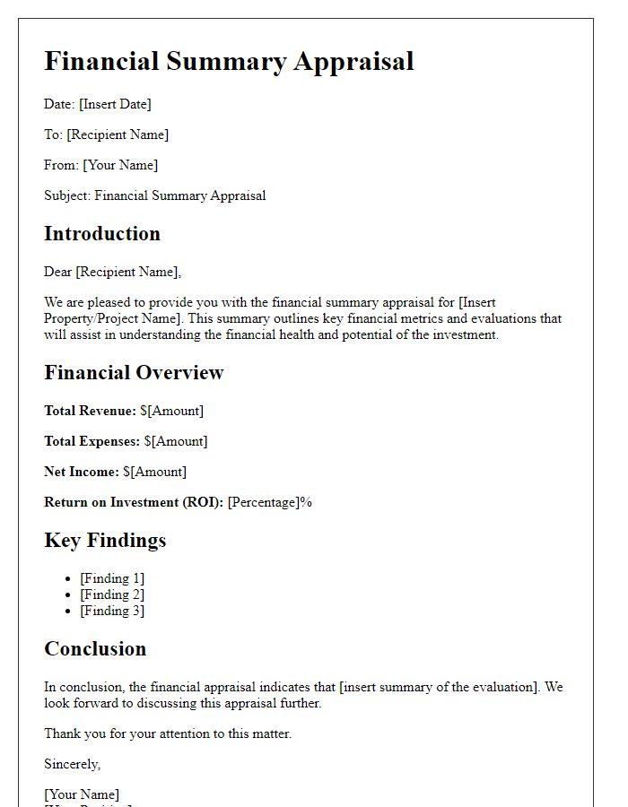 Letter template of financial summary appraisal