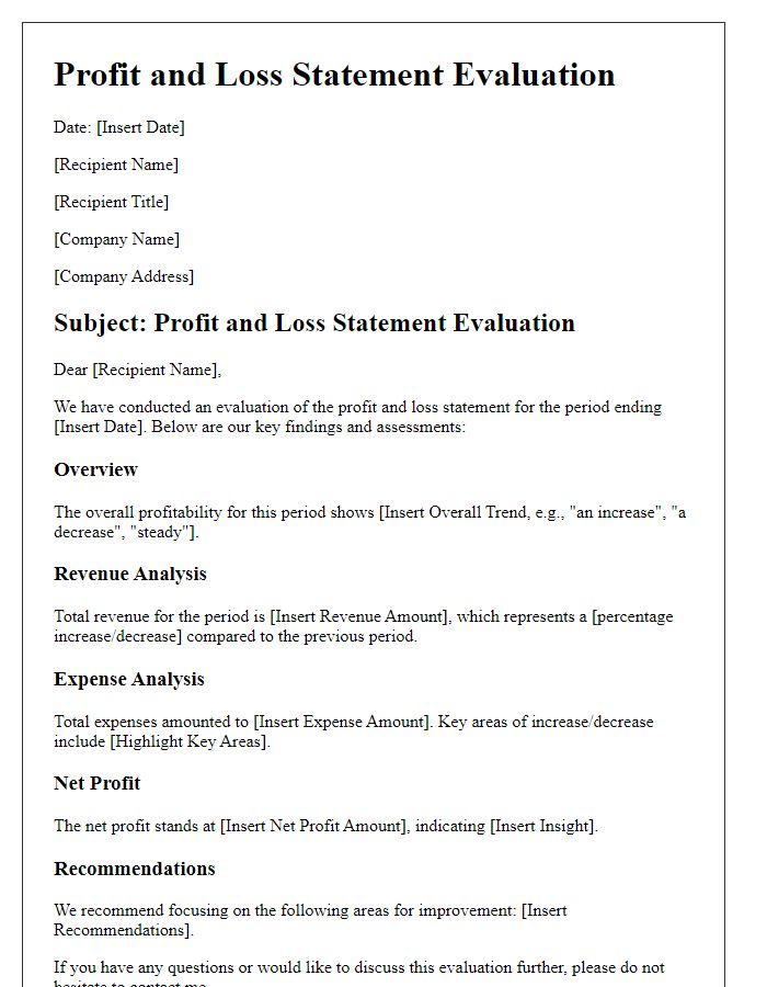 Letter template of profit and loss statement evaluation