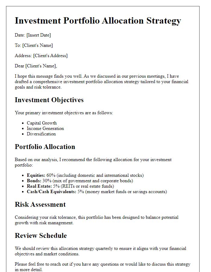 Letter template of investment portfolio allocation strategy