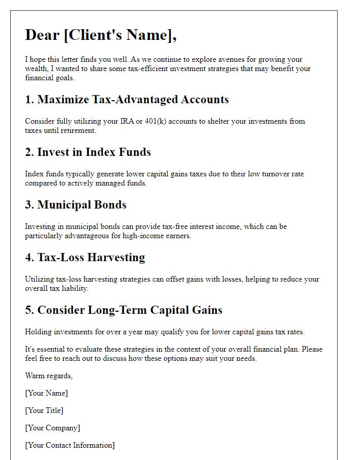 Letter template of tax-efficient investment strategies