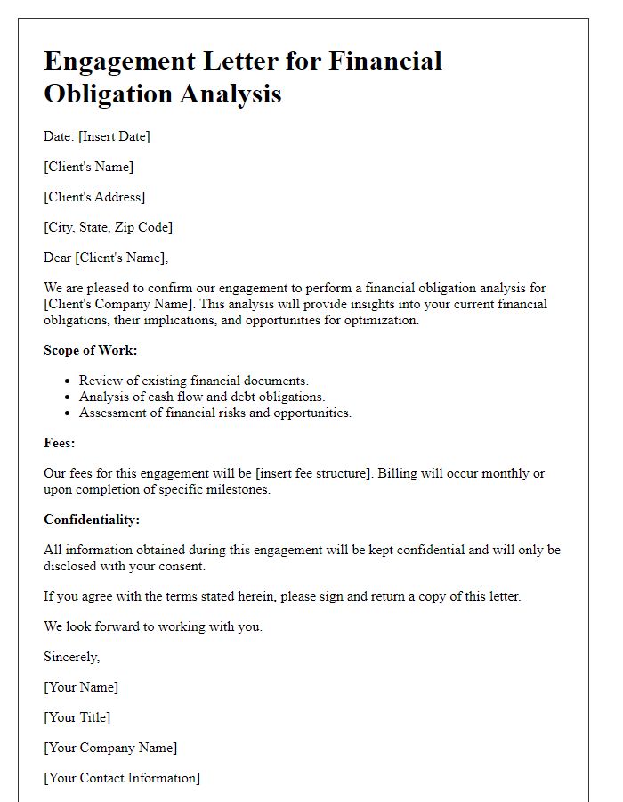 Letter template of engagement for financial obligation analysis