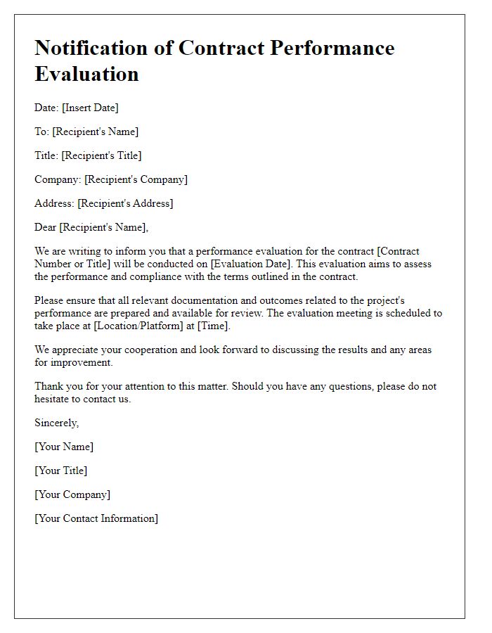 Letter template of notification for contract performance evaluation